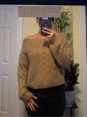 Fashion Nova Off-the-Shoulder Cable Knit Sweater in Camel